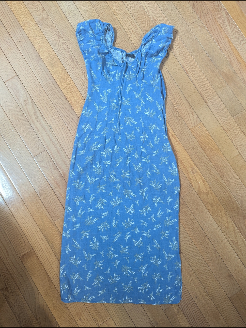 Blue Linen Blend Floral Sleeveless Midi Dress